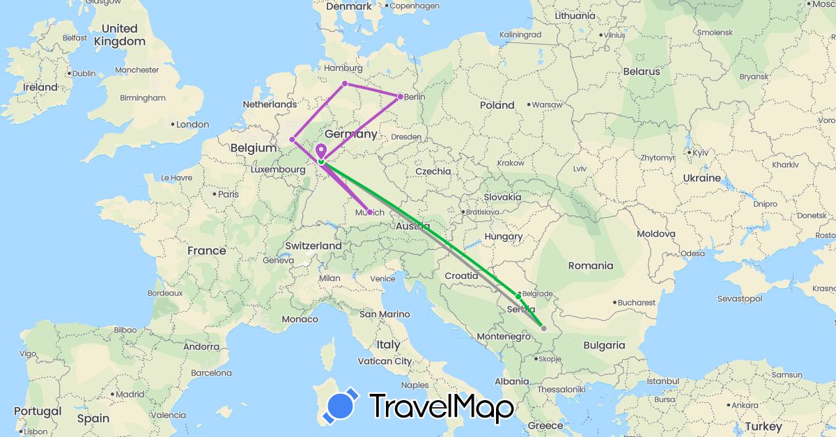 TravelMap itinerary: driving, bus, plane, train in Germany, Serbia (Europe)